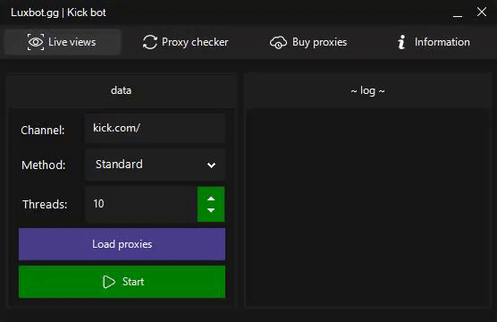 Preview of 'LuxBot.gg' viewbot for kick.com showing trovo features & GUI